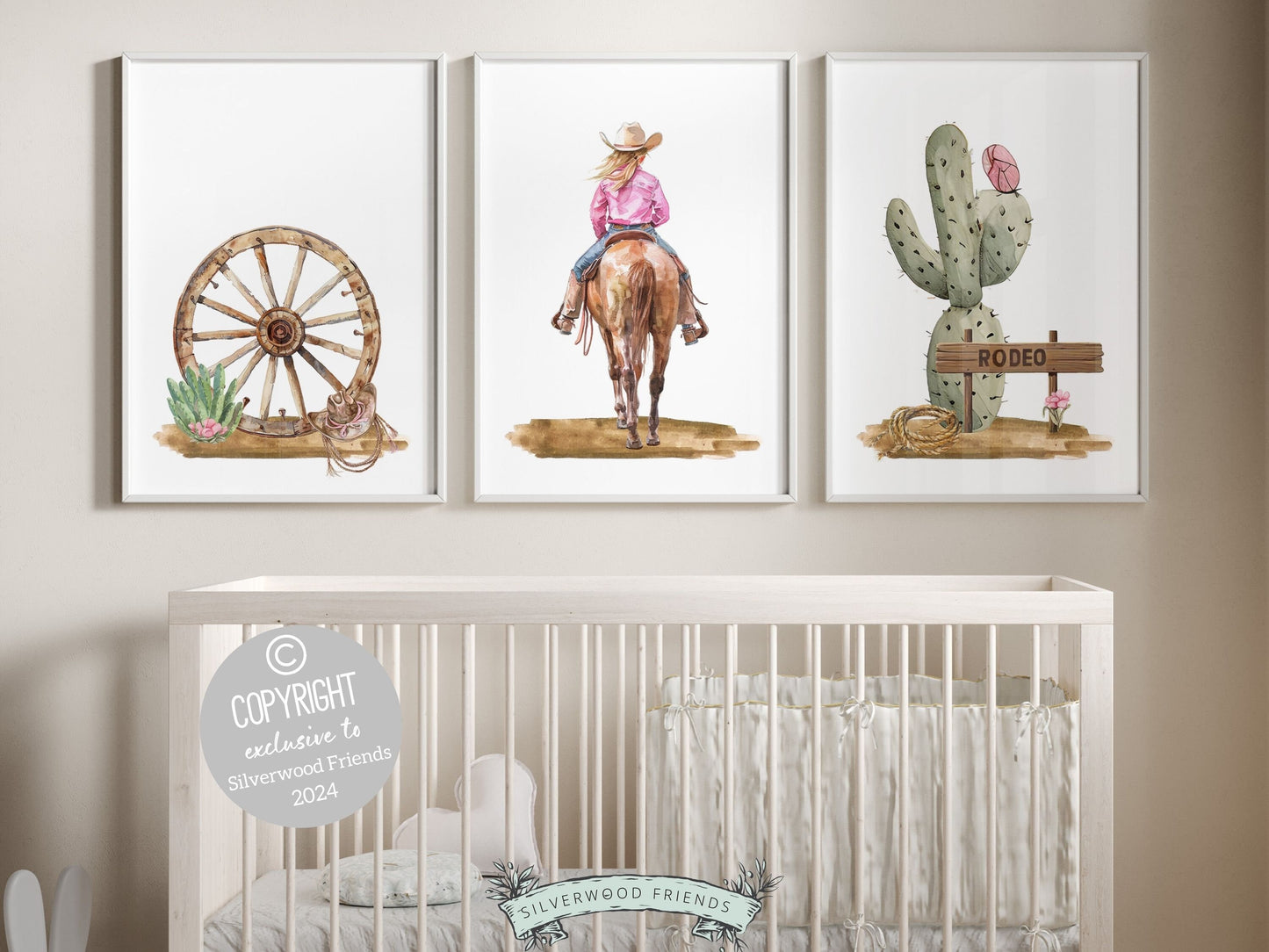 Set of 3 Cowgirl Nursery Prints evoking the enchantment of the wild west. These delightful artworks blend rustic appeal into your cowgirl themed decor perfect for your little ones space or as a heartfelt baby shower gift for horse riding enthusiasts