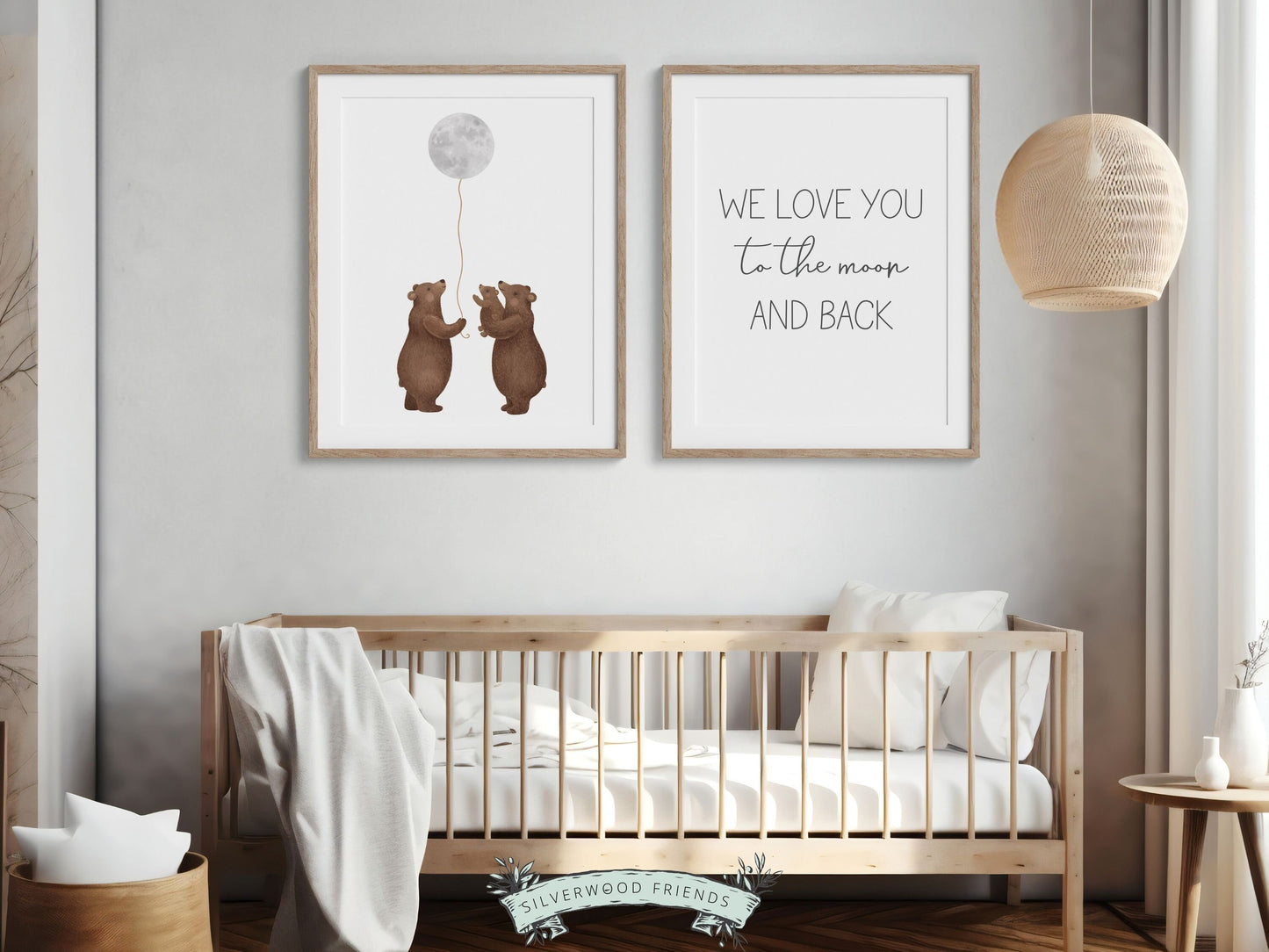 Bear Nursery Print, Woodland Bear Nursery Decor, Woodland Forest Theme Kids Room Wall Decor, We Love You To The Moon And Back Digital Print