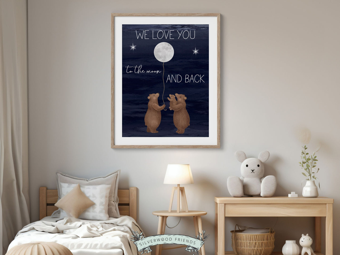 Bear Nursery Print, Woodland Bear Nursery Decor, Bear Baby Shower Gift, We Love You To The Moon And Back, Night Sky Nursery Digital Print