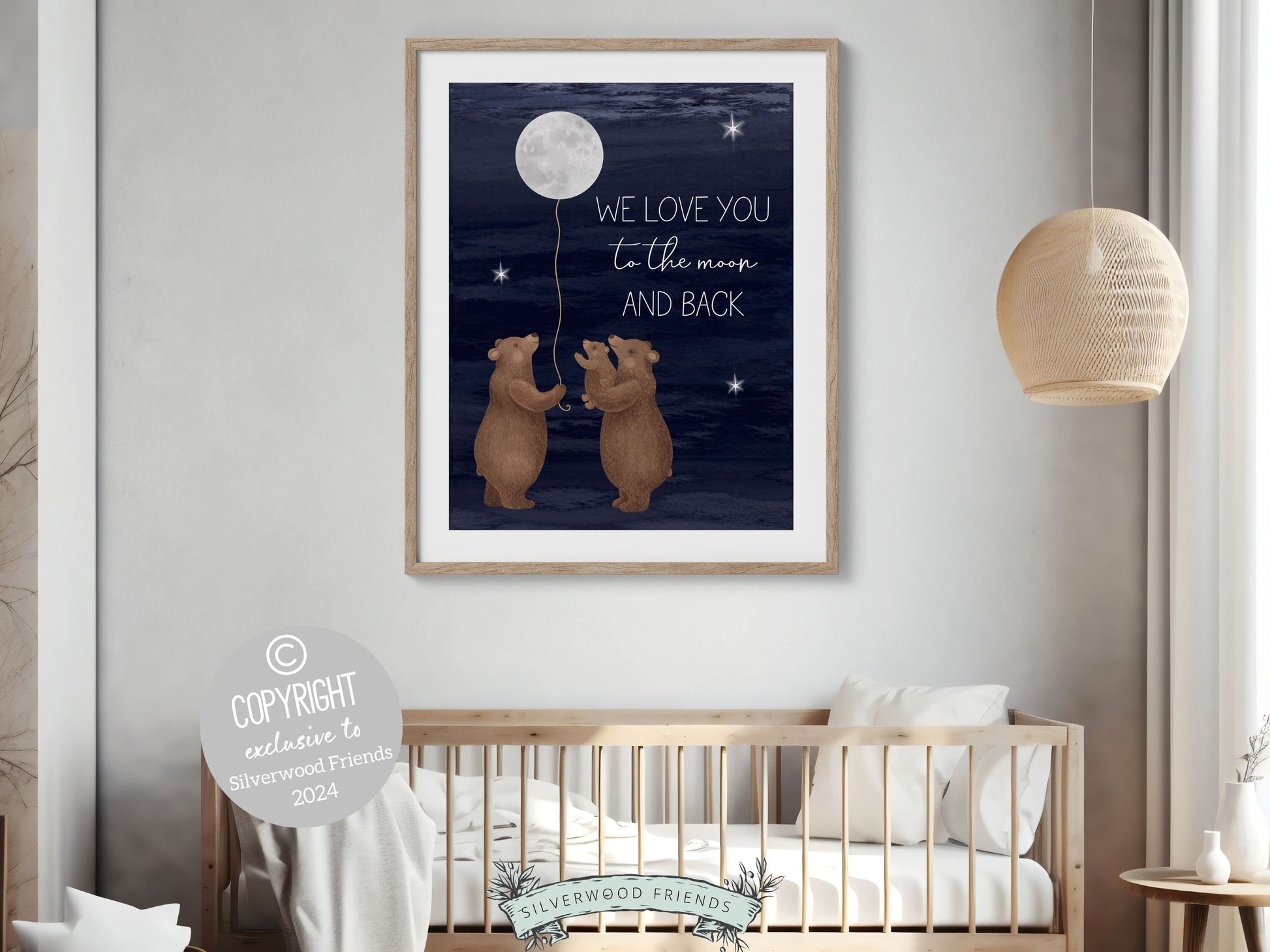 Elevate your nursery or woodland themed bedroom with our charming Bear Nursery Print, showcasing a loving family of bears cradling the moon under a starry night sky with the quote We love you to the moon and back. Beautiful as a baby shower gift.