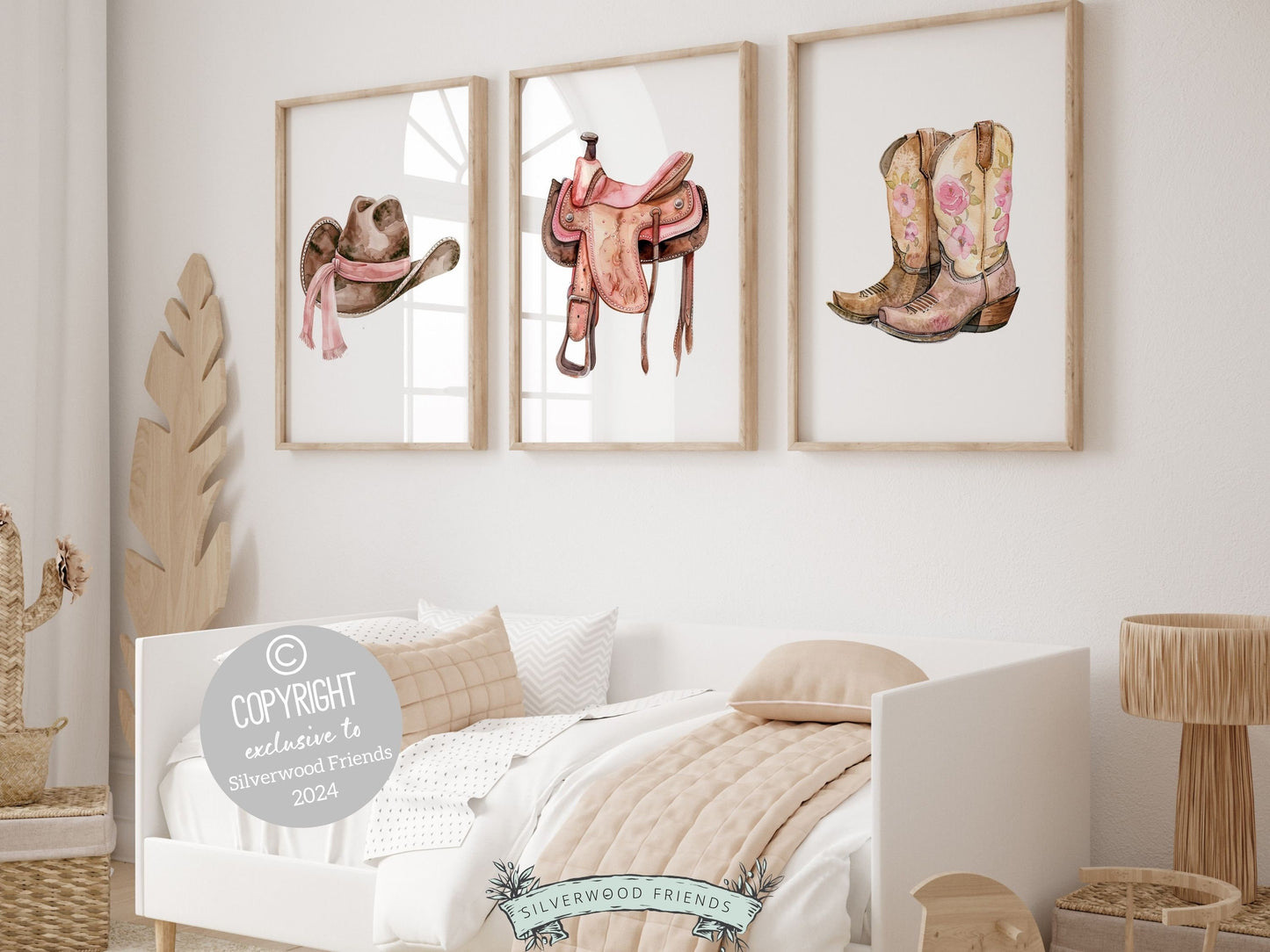 Set of 3 Cowgirl Nursery Prints, showcasing watercolor cowgirl essentials in pink and brown hues. These charming artworks seamlessly blend rustic appeal into your cowgirl themed decor, ideal for your nursery decor or as a unique baby shower gift.