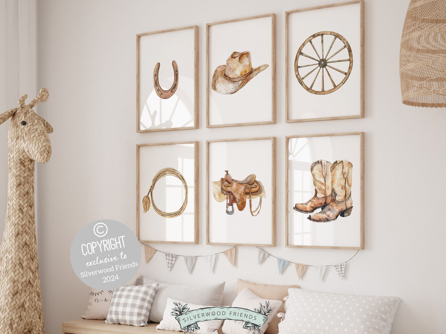 Set of 6 Cowboy Nursery Prints showcasing horse riding essentials in neutral brown hues. These prints seamlessly blend rustic appeal into your western themed decor, ideal for your nursery decor or as a baby shower gift.