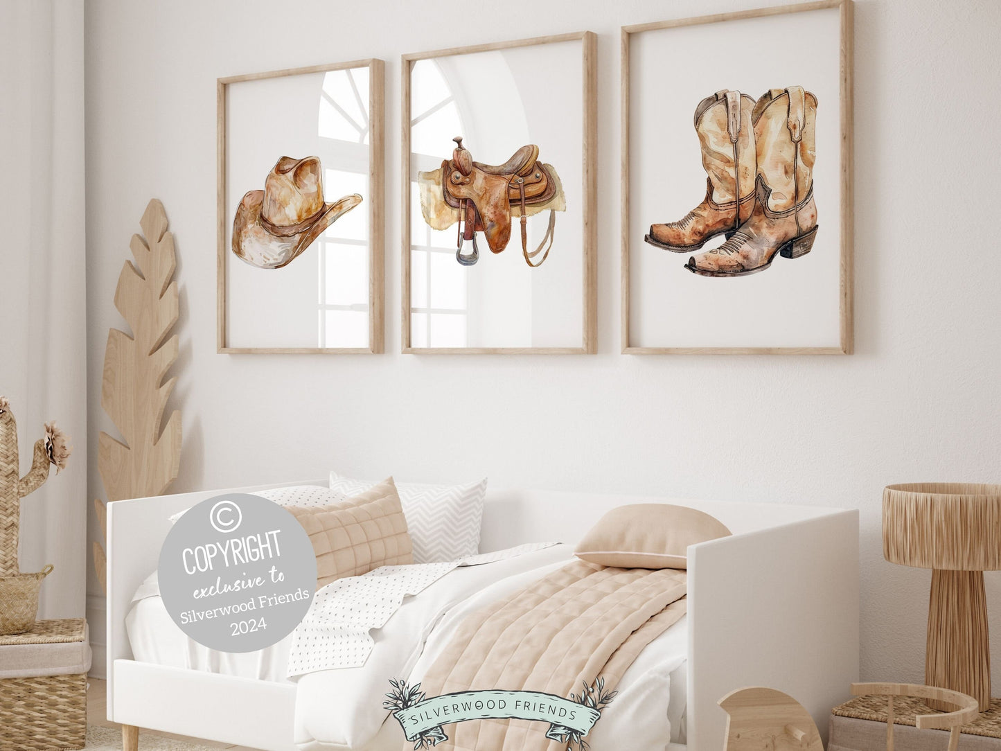 Set of 3 Cowboy Nursery Prints showcasing horse riding essentials in watercolor neutral brown hues. These charming prints seamlessly blend rustic appeal into your western themed decor, ideal for your nursery decor or as a unique baby shower gift.