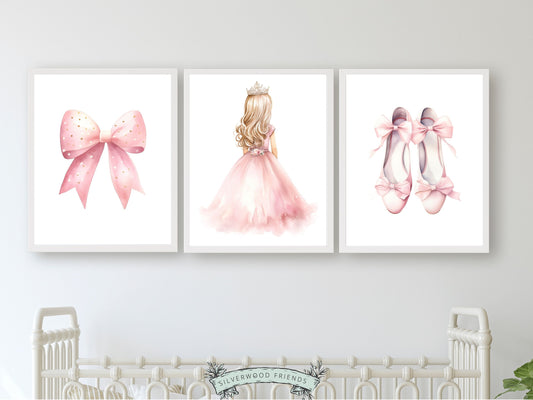 Set of 3 Princess Ballet Nursery Prints, showcasing a whimsical princess ballerina, delicate bow, and dainty ballet slippers.