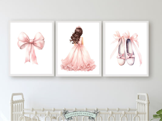 Set of 3 Princess Nursery Prints, showcasing a whimsical brunette princess ballerina, delicate bow, and dainty ballet slippers.&nbsp;