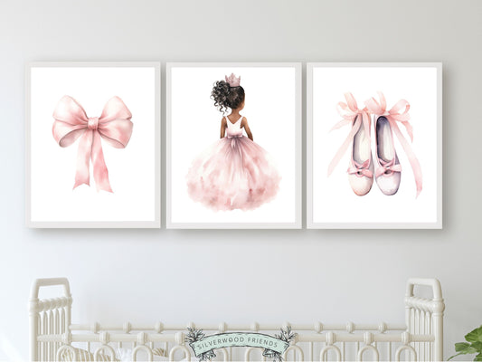 Set of 3 Princess Ballet Nursery Prints, showcasing a whimsical princess ballerina, delicate bow, and dainty ballet slippers.