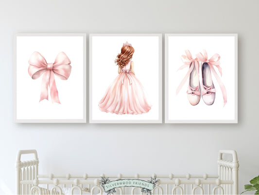 Set of 3 Princess Ballet Nursery Prints, showcasing a whimsical princess ballerina, delicate bow, and dainty ballet slippers.