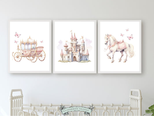 Set of 3 Princess Nursery Prints, featuring a whimsical castle, majestic carriage, gallant horse and butterflies. Perfect for a princess themed bedroom these prints evoke dreams of graceful twirls and elegant pirouettes