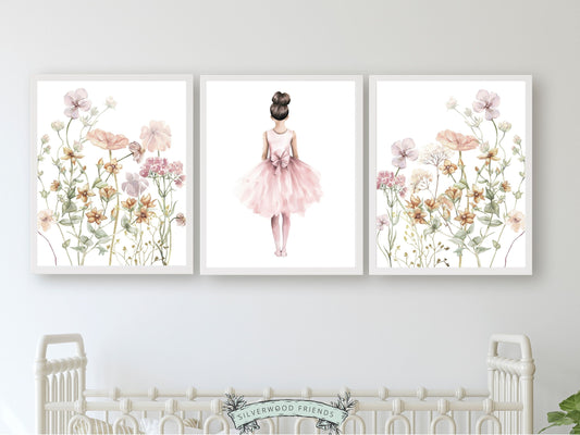 Baby Girl's Ballet Nursery Prints, Ballerina Wildflower Nursery Decor, Floral Nursery Wall Art, Girl Wild Flower Bedroom Decor Digital Print