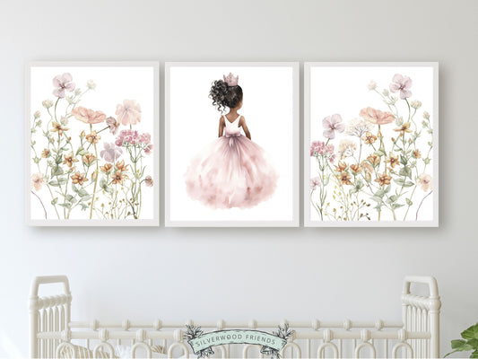 African American Princess Nursery Prints, Wildflower Fairytale Nursery Decor, Baby Girl's Wild Flower Ballet Nursery Wall Art Digital Prints