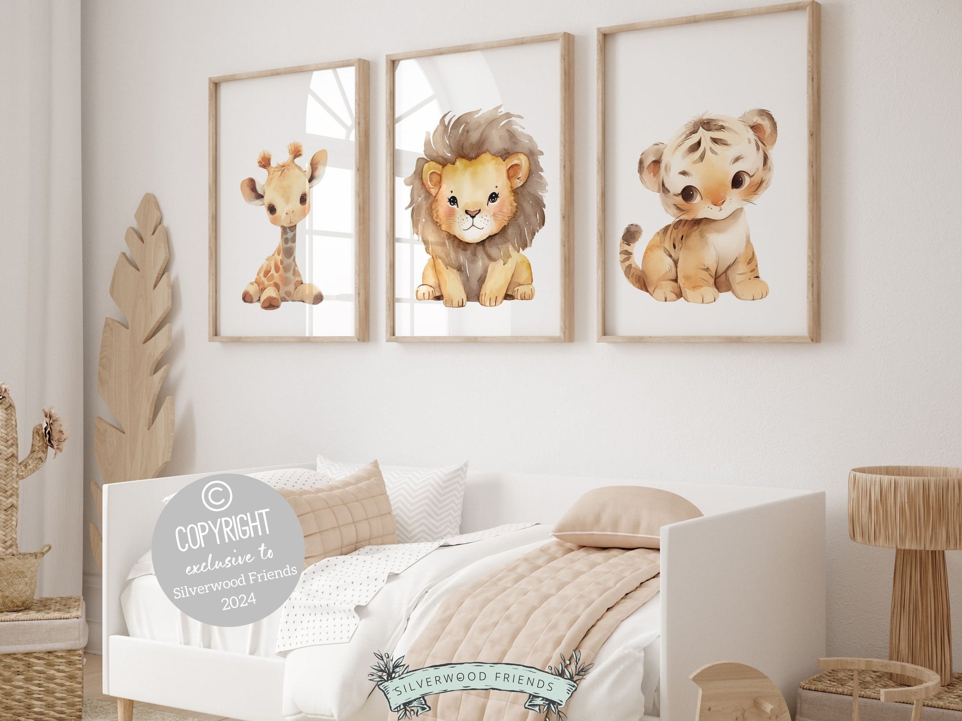 Transform your nursery decor with our charming Safari Animal Nursery Prints Set of 3, showcasing adorable baby safari animals giraffe, lion and tiger. Perfect for your safari nursery decor and also make a unique safari baby shower gift.