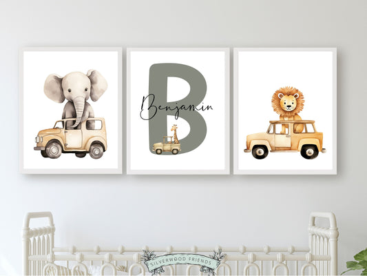 Safari Animal Car Nursery Prints, Jungle Animal Car Nursery Decor, Boys Toddler Room Safari Nursery Decor, Transport Nursery Digital Print