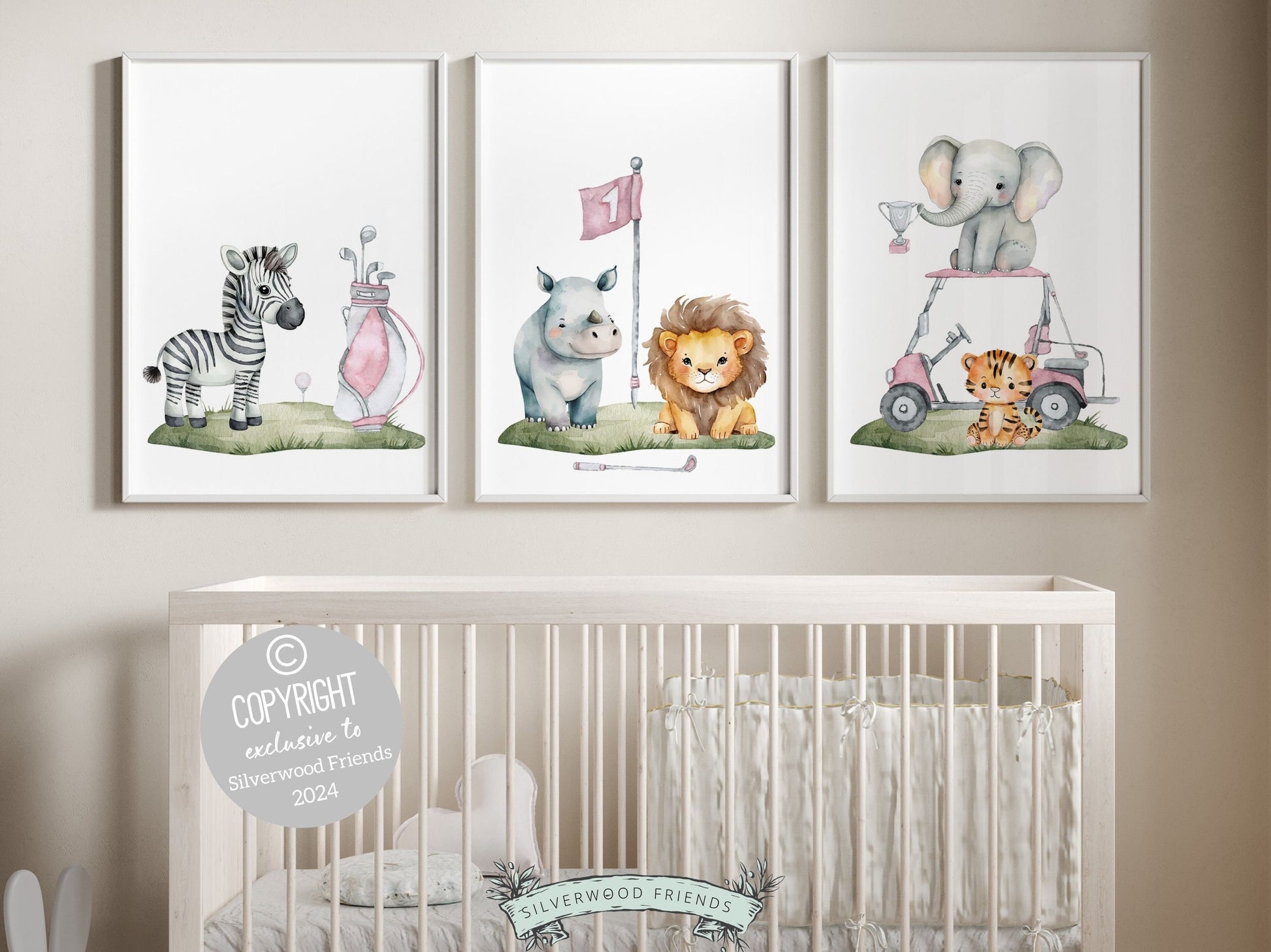 Set of 3 Golf Nursery Prints, featuring watercolor safari animals and pink golf items, perfect for a sports themed or safari themed decor. This unique set adds a playful touch to any room and makes an ideal baby shower gift for a little golfer.