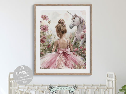 Unicorn Nursery Print, featuring a ballerina and unicorn amidst wildflowers in lovely muted watercolors. Perfect for ballet or wildflower themed decor, this charming print inspires imagination and makes a unique baby shower gift.