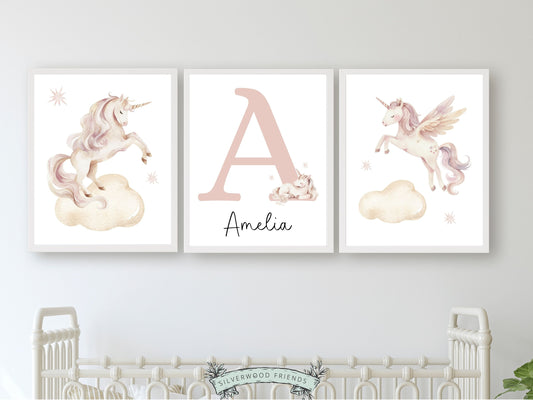 Baby Girl Unicorn Nursery Print, Girls Fantasy Nursery Decor Fairytale Nursery Wall Art, Personalized Magical Princess Nursery Digital Print