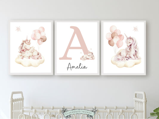 Baby Girl Unicorn Nursery Print, Girls Fantasy Nursery Decor Fairytale Nursery Wall Art, Personalized Magical Princess Nursery Digital Print