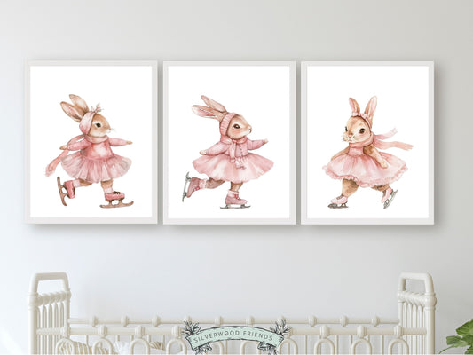 Baby Girl's Bunny Nursery Prints, Figure Skating Print, Ballerina Bunny Nursery Decor, Ice Skating Gift Girls Sport Room Decor Digital Print