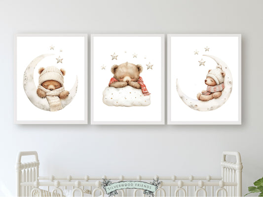 ORIGINAL Teddy Bear Nursery Prints, Teddy Bear Nursery Decor,Gender Neutral Brown Bear Nursery Wall Art,Celestial Star Nursery Digital Print