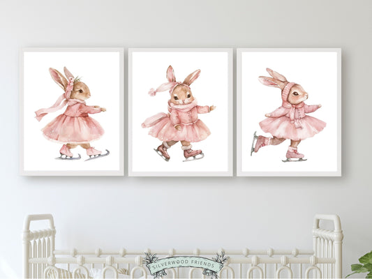 Figure Skating Print, Baby Girl's Bunny Nursery Prints, Ballerina Bunny Nursery Decor, Ice Skating Gift Girls Sport Room Decor Digital Print