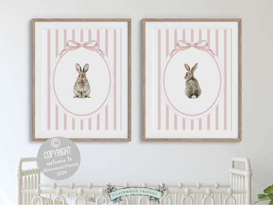 Bunny Nursery Print Set of 2, Bunny Rabbit Nursery Wall Art, Baby Girl Woodland Nursery Decor, Baby Girl Floral Bunny Nursery Digital Print