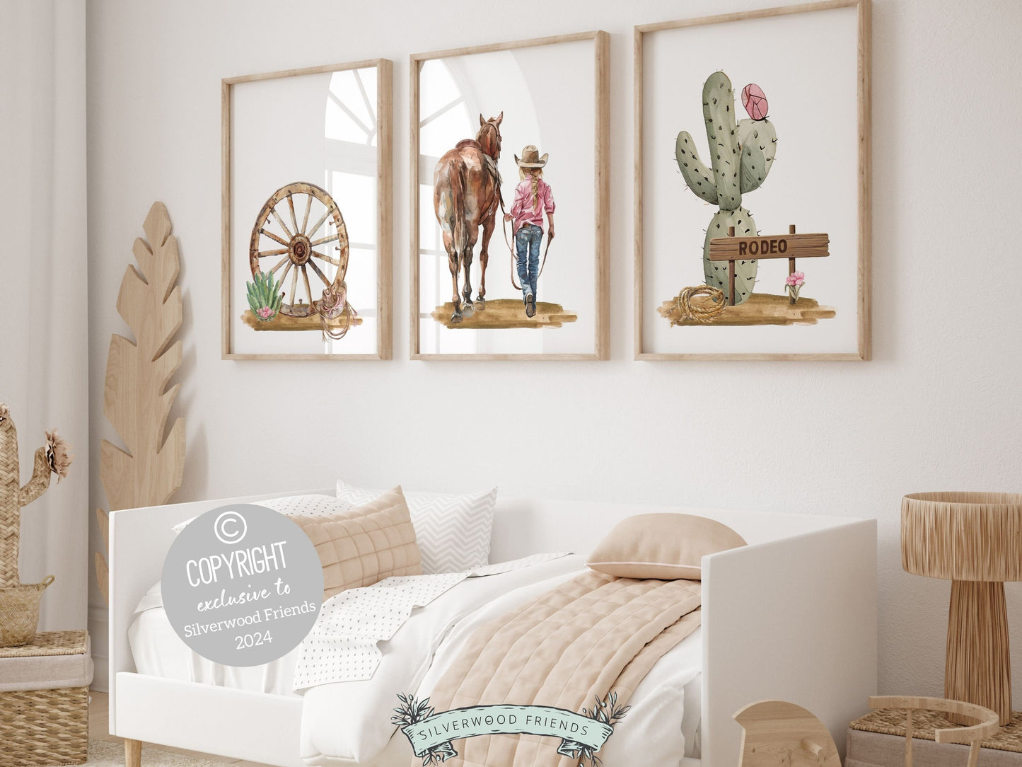 Set of 3 Cowgirl Nursery Prints evoking the enchantment of the wild west. These delightful artworks blend rustic appeal into your cowgirl themed decor perfect for your little ones space or as a heartfelt baby shower gift for horse riding enthusiasts