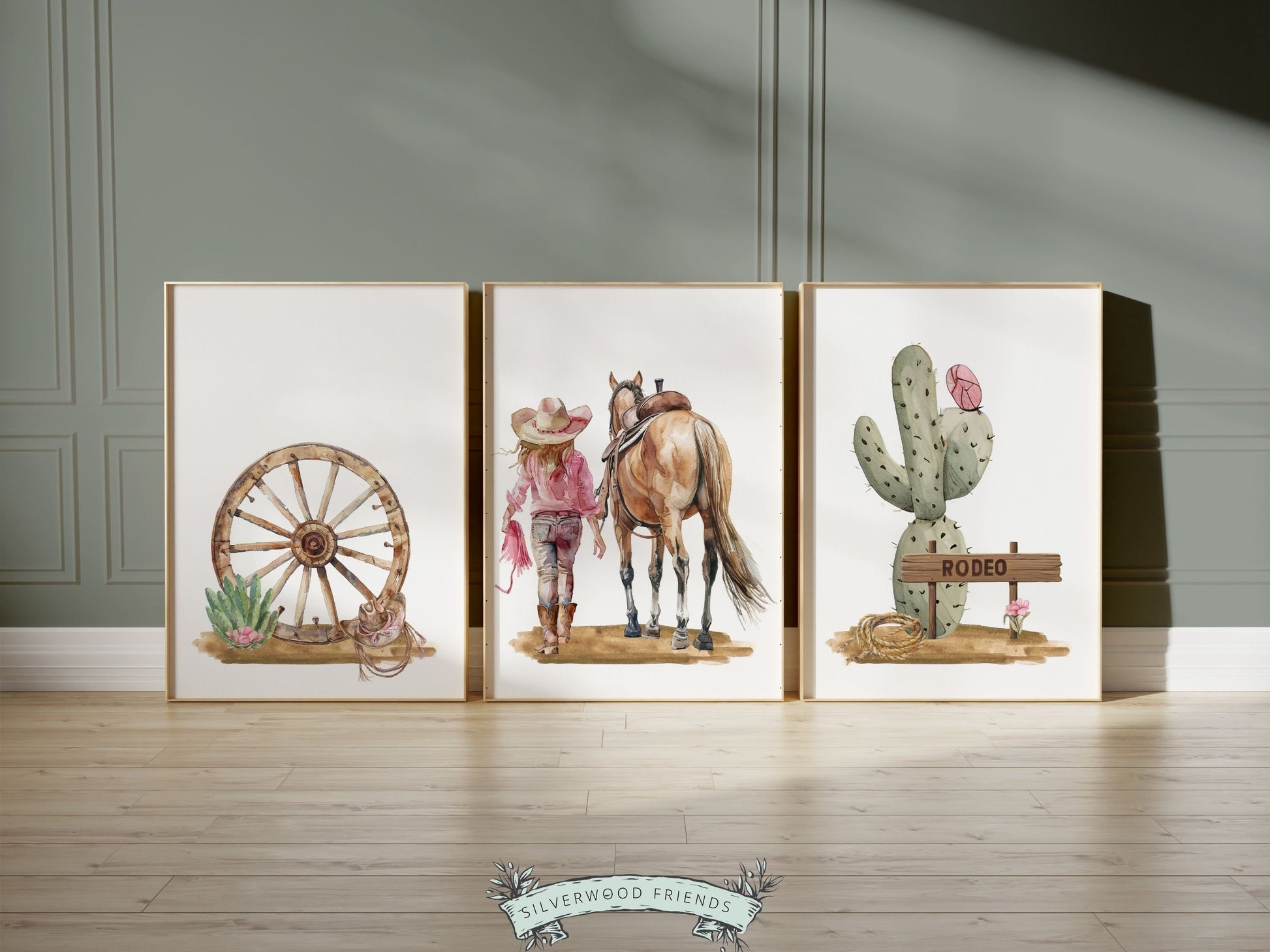 Set of 3 Cowgirl Prints, evoking the enchantment of the wild west. These delightful artworks blend rustic appeal into your cowgirl themed decor, perfect for your little ones space or as a heartfelt baby shower gift for horse riding enthusiasts.