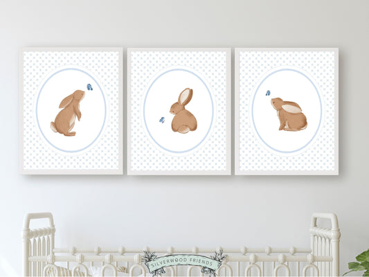 Bunny Nursery Prints, Bunny Rabbit Nursery Wall Art, Baby Woodland Animal Nursery Decor, Kids Room Wall Decor Blue Bedroom Digital Prints