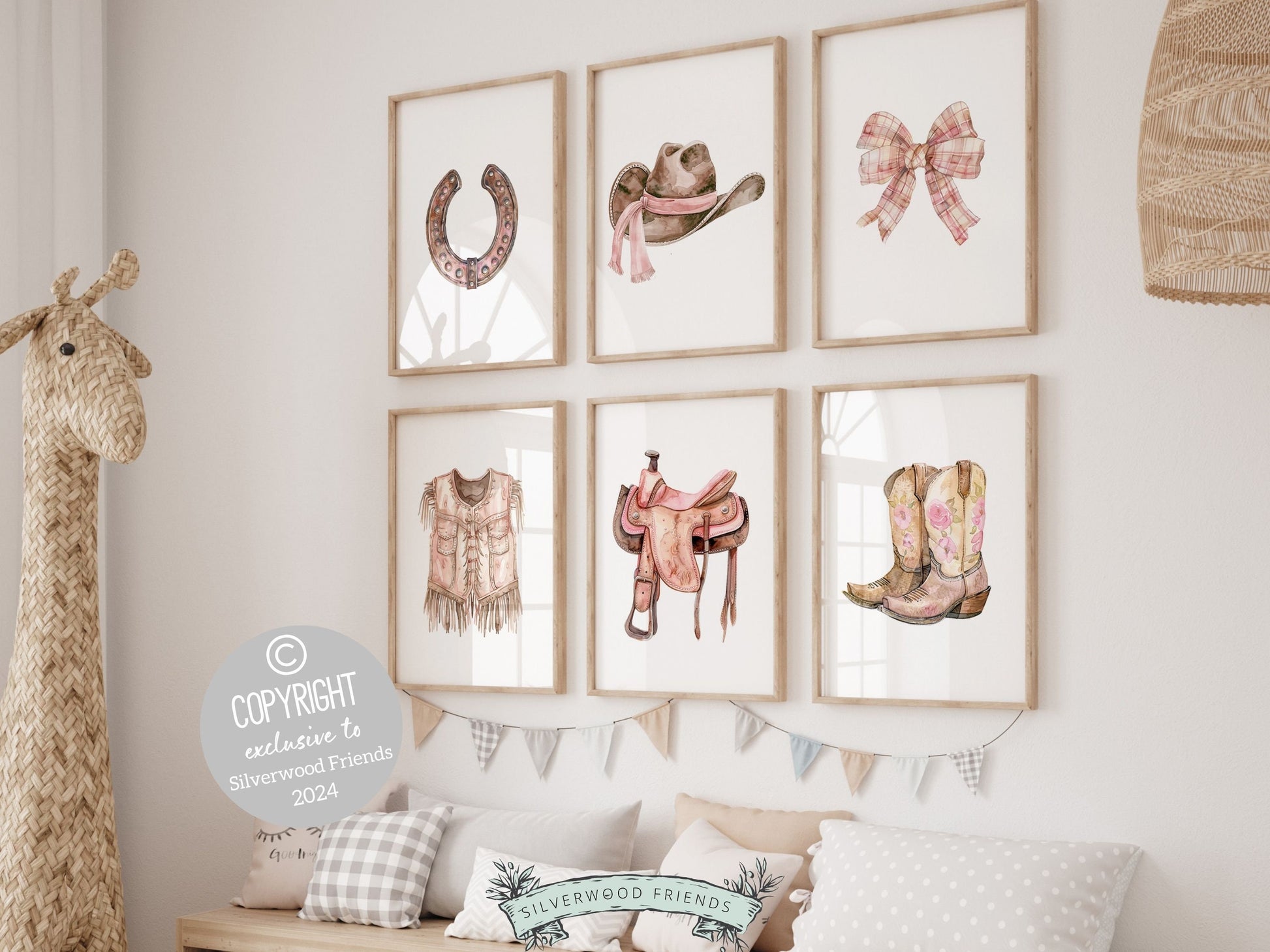 Set of 6 Cowgirl Nursery Prints showcasing watercolor cowgirl essentials in pink and brown hues. These charming artworks seamlessly blend rustic appeal into your cowgirl themed decor, ideal for your cowgirl nursery or as a unique baby shower gift.