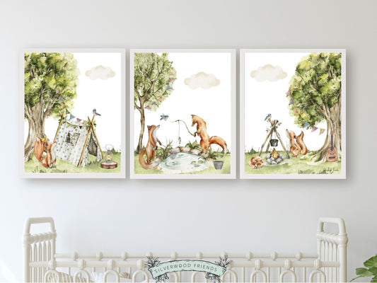 Camping Animal Nursery Prints, Woodland Fishing Nursery Decor, Fox Nursery Wall Art, Nature Nursery Picture Forest Fox Nursery Digital Print