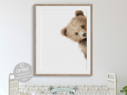 Our delightful minimalist Peeking Bear Nursery Print features an adorable peeking brown bear. Its perfect for your bear nursery decor or woodland nursery decor and also makes a unique baby shower gift.