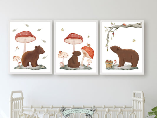 Woodland Bear Nursery Print, Brown Woodland Teddy Bear Nursery Decor, Woodland Mushroom Nursery Wall Art, Nature Nursery Theme Digital Print