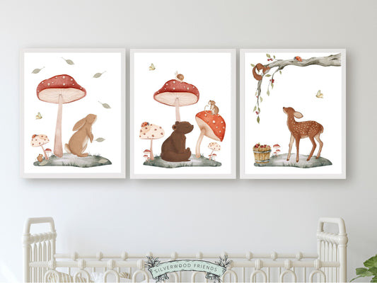 Woodland Mushroom Nursery Print, Woodland Mushroom Nursery Decor, Enchanted Forest Nature Nursery Bear Bunny Deer Fawn Nursery Digital Print