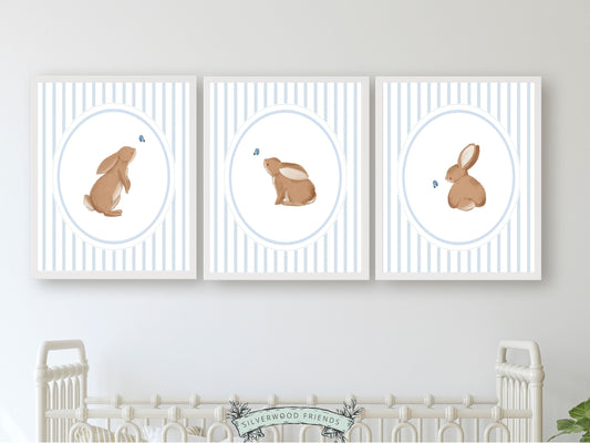 Bunny Nursery Prints, Woodland Bunny Nursery Decor, Chinoiserie Nursery Wall Art, Bunny Rabbit Kids Blue White Room Wall Decor Digital Print