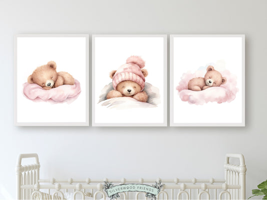 Baby Girls Teddy Bear Nursery Prints, Teddy Bear Nursery Decor, Pink Teddy Bear Nursery Wall Art, Baby Girl Room Wall Decor Digital Prints