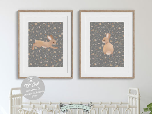 Bunny Nursery Print Set, Woodland Wildflower Bunny Nursery Decor, Floral Bunny Nursery Wall Art Printable Bunnies Wall Decor Digital Print