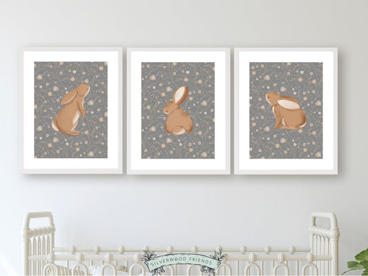 Bunny Nursery Print Set, Woodland Wildflower Bunny Nursery Decor, Floral Bunny Nursery Wall Art Printable Bunnies Wall Decor Digital Print