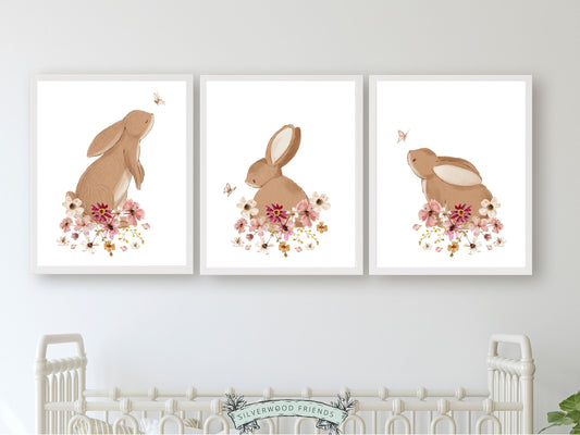 Bunny Nursery Prints, Floral Bunny Nursery Wall Art, Wildflower Nursery Decor, Girl Nursery Prints, Bunny Wildflower Nursery Digital Print