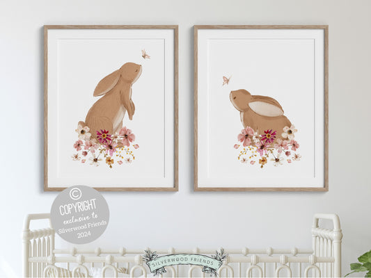 Bunny Nursery Prints Set, Floral Bunny Nursery Wall Art, Wildflower Nursery Decor,Girl Nursery Prints Bunny Wildflower Nursery Digital Print