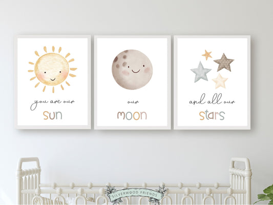 You Are Our Sun Our Moon And All Our Stars Boho Nursery Prints, Gender Neutral Celestial Nursery Moon Stars Sun Wall Art Decor Digital Print