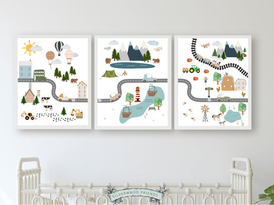 Car Nursery Prints, Boys Car Nursery Decor, Toddler Room Wall Decor, Road Map Print, Boys Transport Nursery Wall Art Digital Download Prints