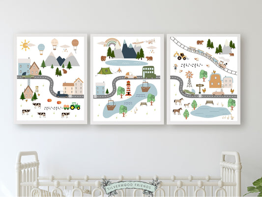 Kids Road Transport Map Nursery Prints, Car Nursery Decor, Toddler Room Wall Decor, Boys Transport Nursery Wall Art Digital Download Prints