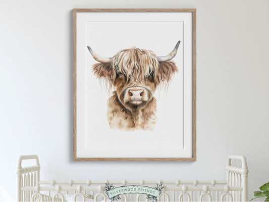 Highland Cow Nursery Print, Highland Cow Nursery Decor Gifts, Kids Farm Bedroom Wall Decor, Minimalist Highland Cow Digital Download Print