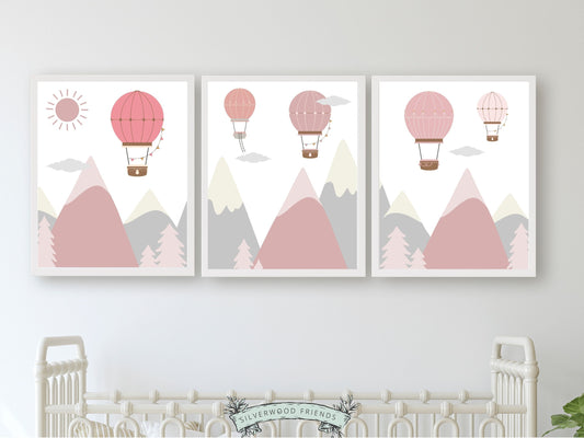 Pink Hot Air Balloon Nursery Prints, Baby Girl Blush Pink Air Balloon Nursery Decor, Adventure Room Wall Decor Girls Nursery Digital Prints