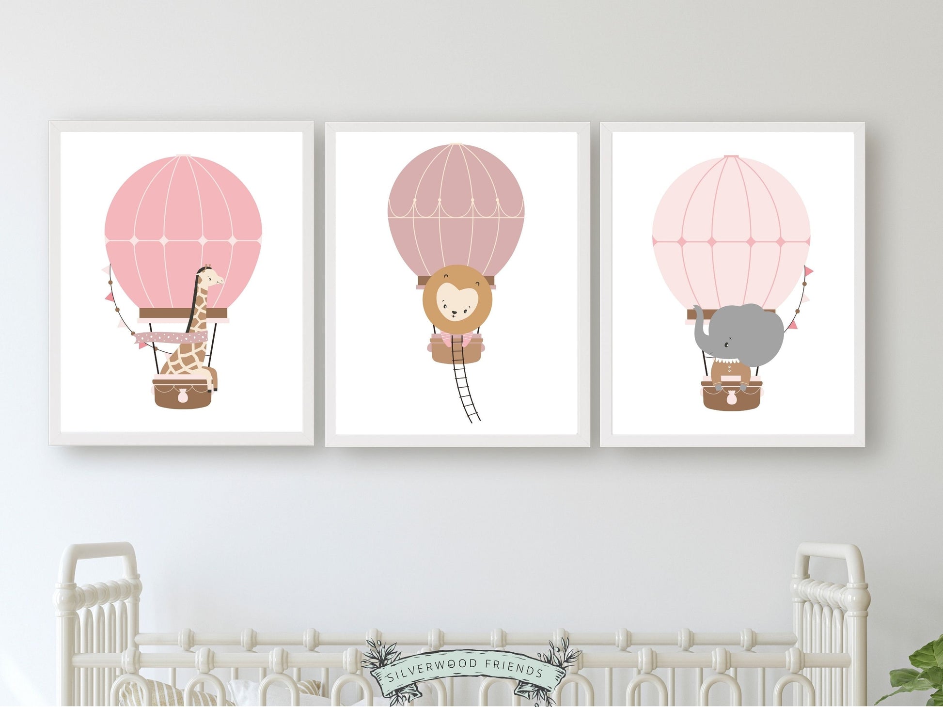 Blush Pink Hot Air Balloon Nursery Prints, Baby Girl Blush Pink Balloon Nursery Decor, Girls Safari Animal Theme Room Decor Digital Prints