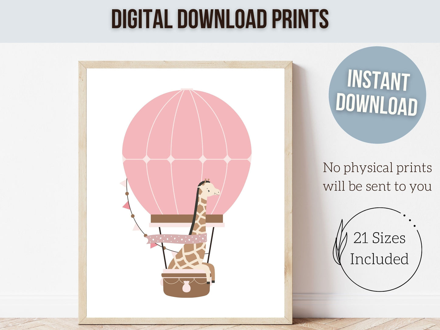 Blush Pink Hot Air Balloon Nursery Prints, Baby Girl Blush Pink Balloon Nursery Decor, Girls Safari Animal Theme Room Decor Digital Prints