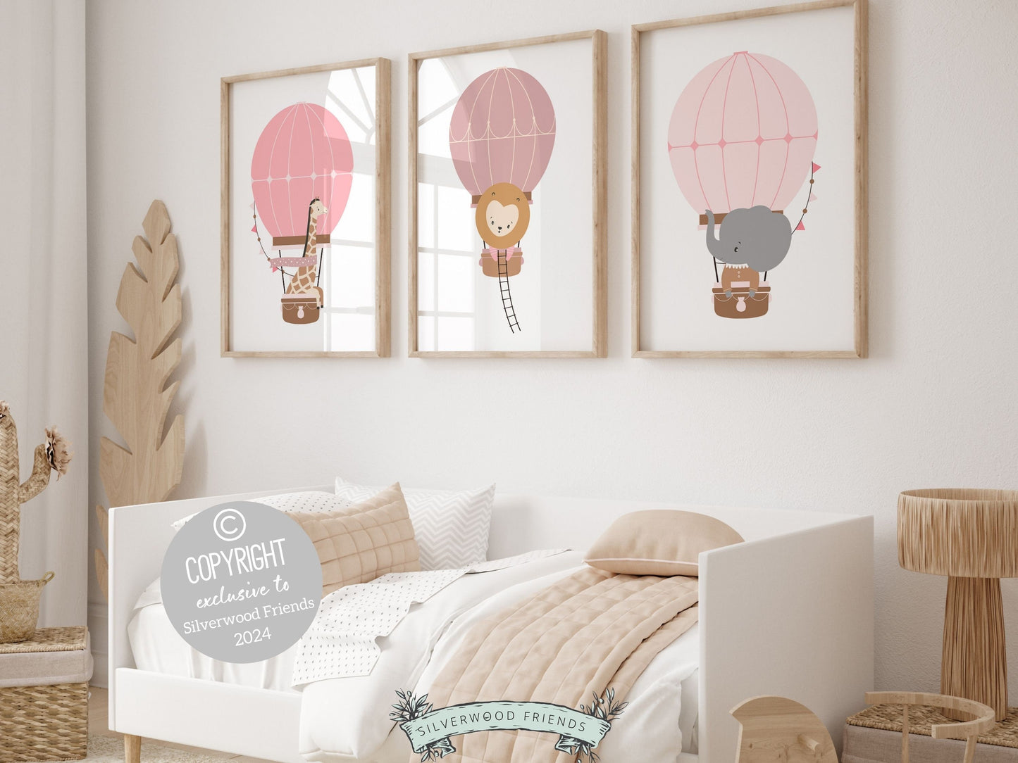 Blush Pink Hot Air Balloon Nursery Prints, Baby Girl Blush Pink Balloon Nursery Decor, Girls Safari Animal Theme Room Decor Digital Prints