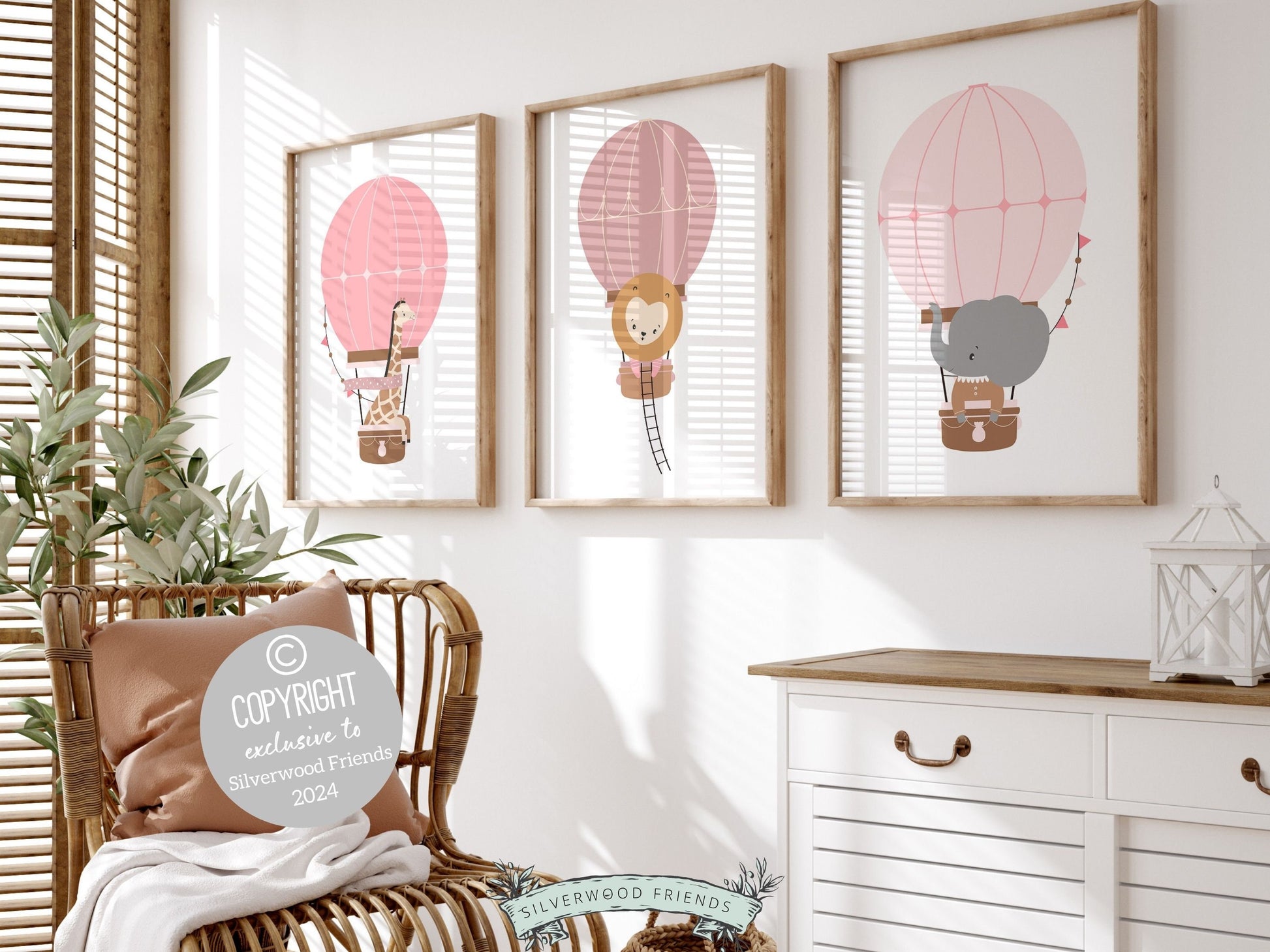 Blush Pink Hot Air Balloon Nursery Prints, Baby Girl Blush Pink Balloon Nursery Decor, Girls Safari Animal Theme Room Decor Digital Prints