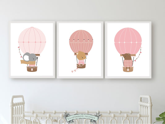 Blush Pink Hot Air Balloon Nursery Prints, Baby Girl Blush Pink Balloon Nursery Decor, Girls Woodland Animal Theme Room Decor Digital Prints