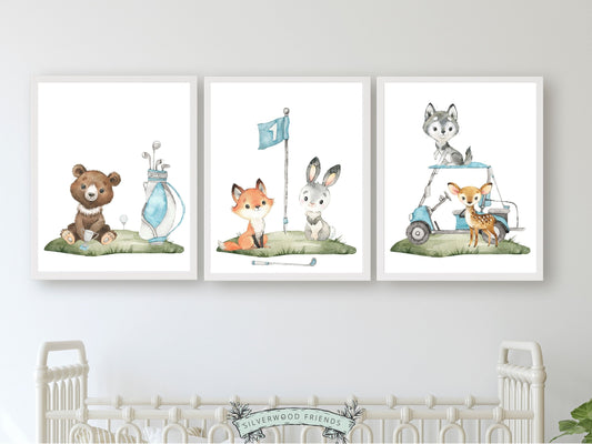 Boys Blue Golf Nursery Prints, Boys Blue Golf Nursery Decor, Toddler Boy Sport Room Wall Decor, Animals Playing Golf Picture Digital Print