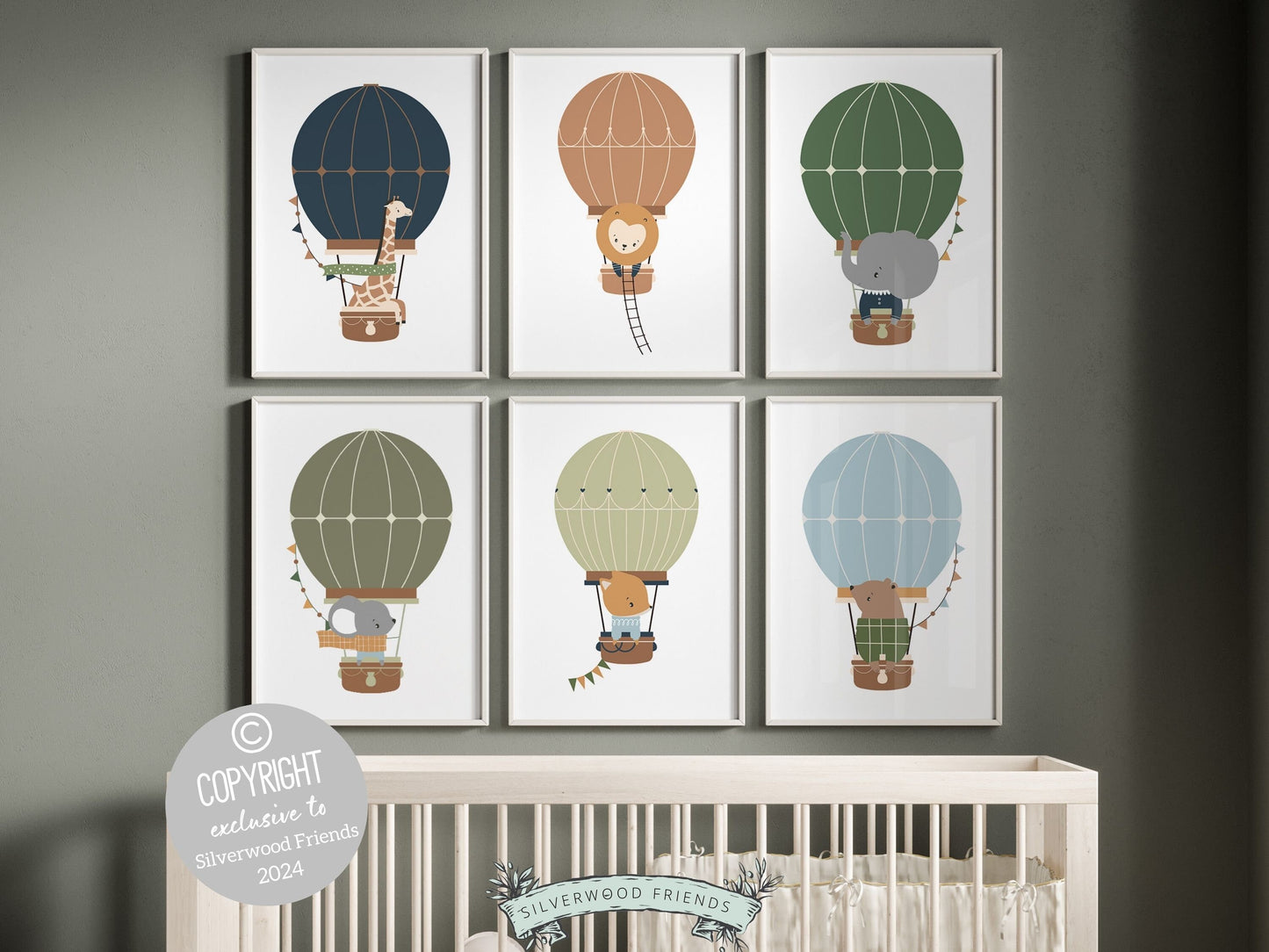 Hot Air Balloon Nursery Prints featuring safari and woodland animals in hot air balloons in a calming blue, green and beige color palette. Perfect for your safari nursery decor or woodland nursery decor and also makes a unique baby shower gift.